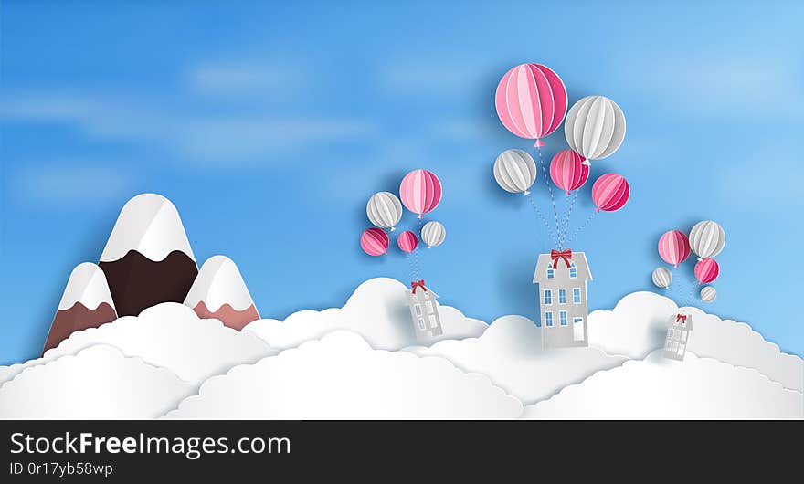 Concept and the loan to purchase the home as a gift. and there are the houses that are being floated by balloons above the clouds. and origami or paper cut style design.and illustration or background.