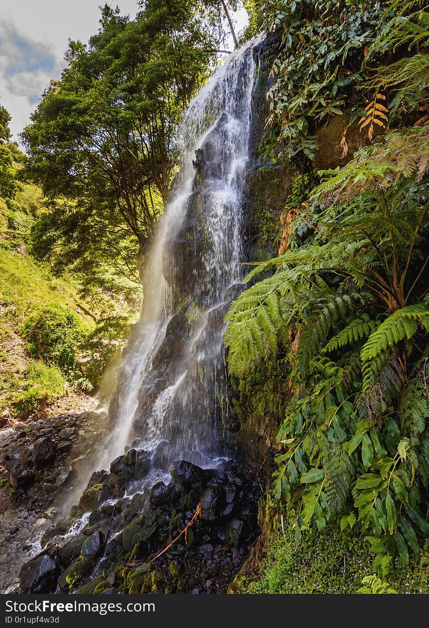 Waterfall in Ribeira dos Caldeiroes Natural Park, Nordeste, Sao Miguel Island, Azores, Portugal. Waterfall in Ribeira dos Caldeiroes Natural Park, Nordeste, Sao Miguel Island, Azores, Portugal