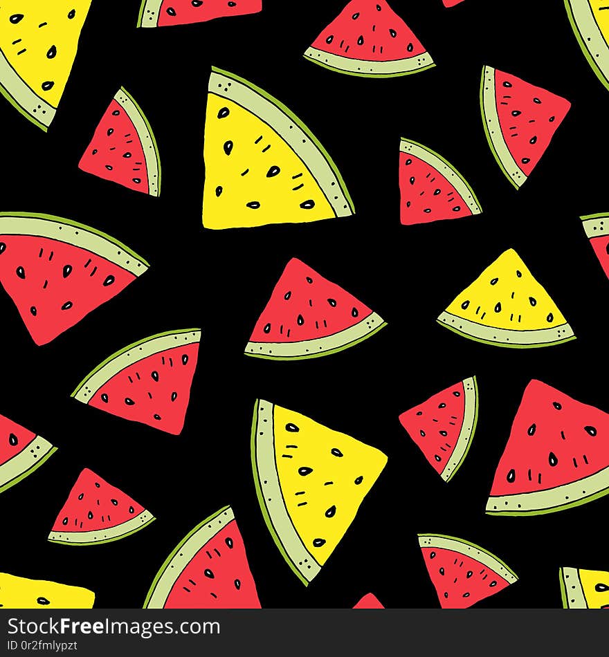 Watermelon slices cartoon hand drawing seamless pattern doodles style. Summer watermelon background. Design for fabrics, textiles, paper and greeting cards. Watermelon slices cartoon hand drawing seamless pattern doodles style. Summer watermelon background. Design for fabrics, textiles, paper and greeting cards.