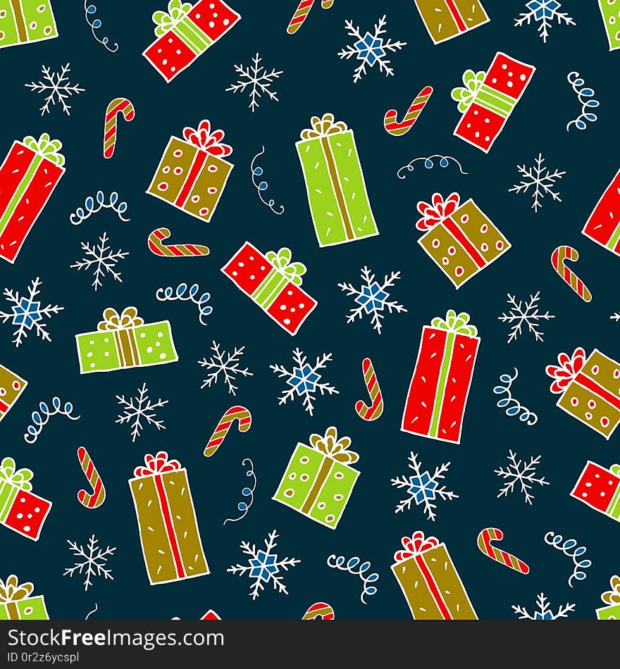 Christmas gifts seamless pattern hand drawing in doodles style. New Year`s winter background. Design for wrapping paper, fabrics, textiles. Christmas gifts seamless pattern hand drawing in doodles style. New Year`s winter background. Design for wrapping paper, fabrics, textiles.