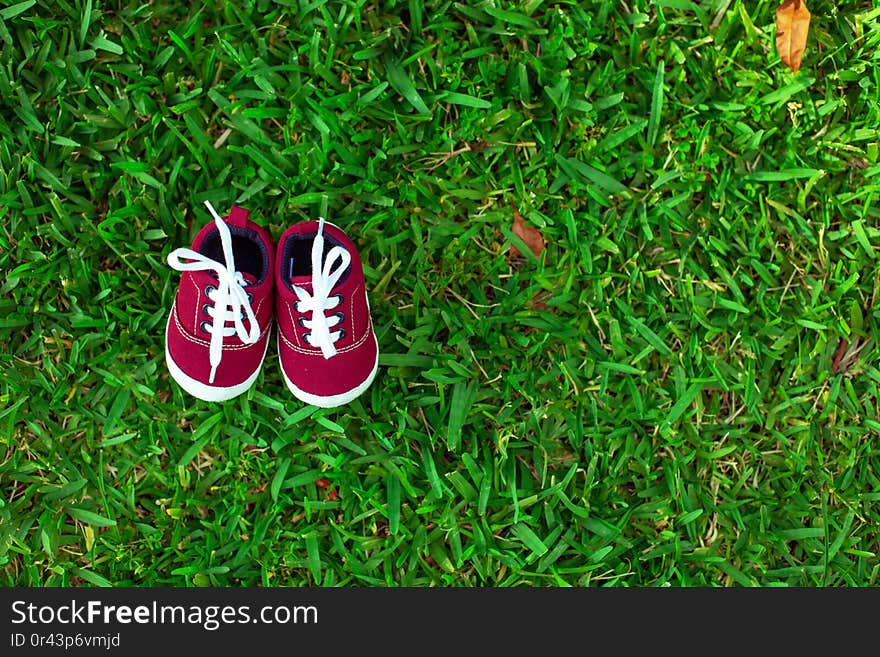 Children`s denim Red sports shoes for girls or boys, stands on a Green Grass. Baby shoes on a natural background. Copy space for creative design add text and word. Children`s denim Red sports shoes for girls or boys, stands on a Green Grass. Baby shoes on a natural background. Copy space for creative design add text and word.