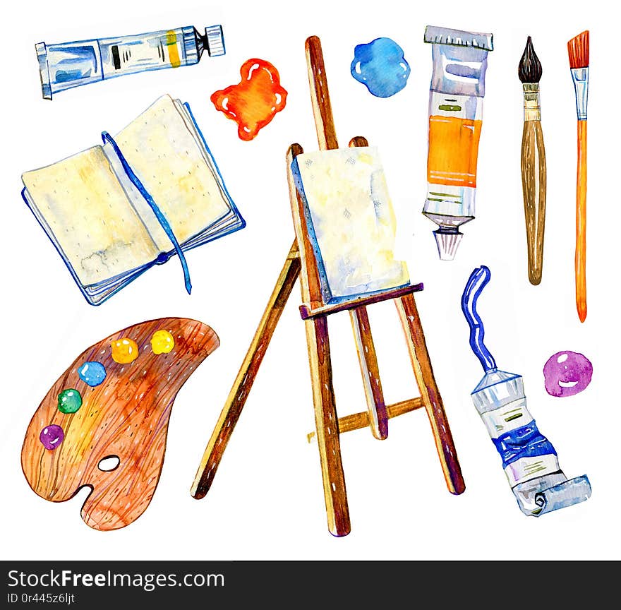 Artist materials - easel, palette, notepad, brushes and tubes. Hand drawn sketch watercolor illustration set