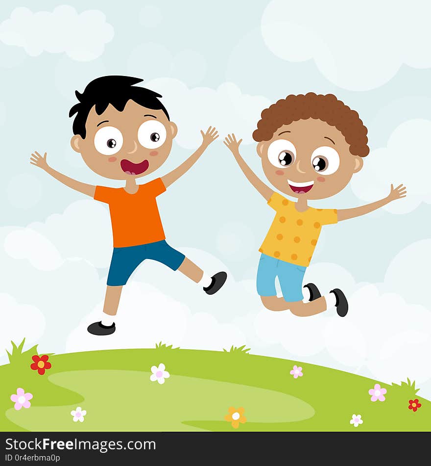 EPS10 vector file showing happy young kids, boys laughing, hopping, playing and having fun together in front of summer time background with green gras and blue sky, child, human, skin, color, spring, meadow, lawn, flowers, clouds, mood, feelings, hair, face, eyes, mouth, head, legs, poor, smile, spare, people, group, friends, family, joy, celebrate, luck, small, leisure, t-shirt, dark-skinned, cartoon, comic, illustration, stock, graphic, drawing, symbol, isolated, optional, colorful. EPS10 vector file showing happy young kids, boys laughing, hopping, playing and having fun together in front of summer time background with green gras and blue sky, child, human, skin, color, spring, meadow, lawn, flowers, clouds, mood, feelings, hair, face, eyes, mouth, head, legs, poor, smile, spare, people, group, friends, family, joy, celebrate, luck, small, leisure, t-shirt, dark-skinned, cartoon, comic, illustration, stock, graphic, drawing, symbol, isolated, optional, colorful