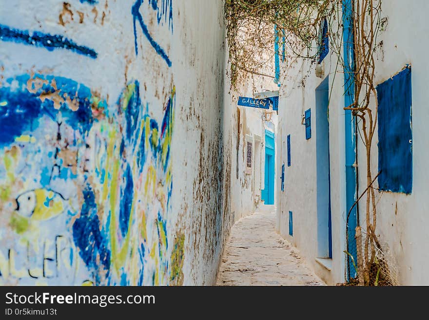 HAMMAMET, TN - MARCH 21, 2017: Streets of Hammamet, the first tourist destination in Tunisia. Located on the Gulf of Hammamet. HAMMAMET, TN - MARCH 21, 2017: Streets of Hammamet, the first tourist destination in Tunisia. Located on the Gulf of Hammamet