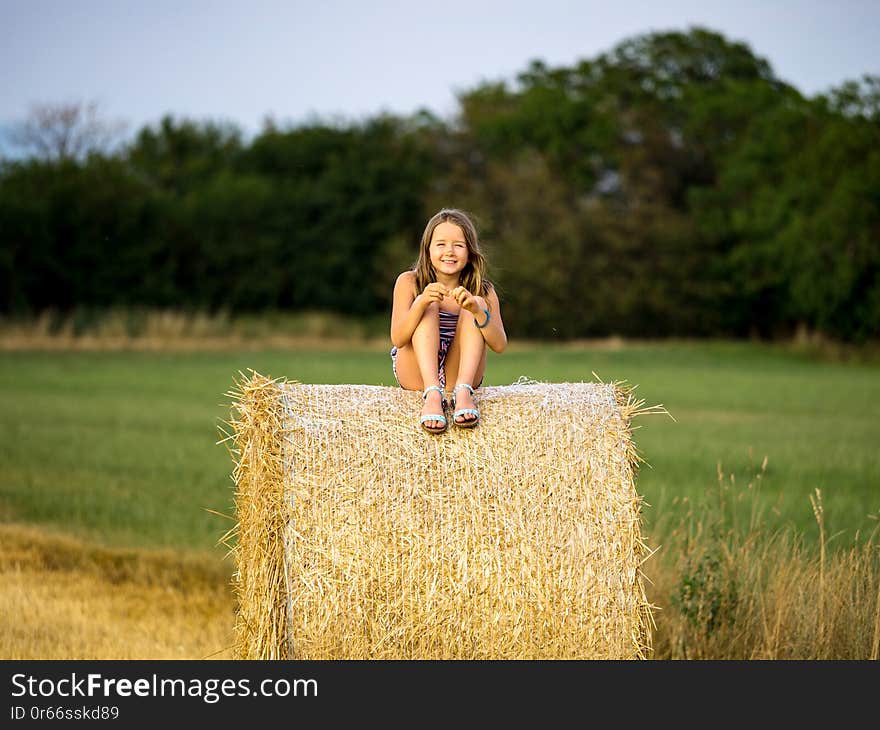 The little girl sits on a haystack in the twilight of day, Alsace, France