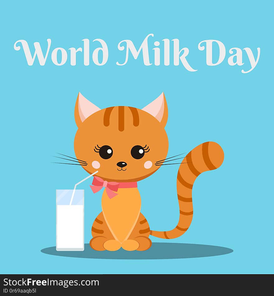 Beautiful background banner design for World milk day. Cute and sweet cartoon smiling little ginger striped cat, glass of milk with a straw. Vector character illustration in flat style