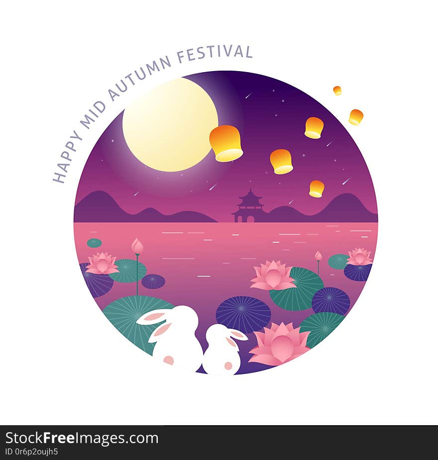 Mid Autumn Festival. Chuseok, Chinese wording translation Mid Autumn. Vector banner, background and poster with mooncake