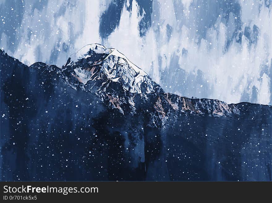 Abstract Painting Of Mountain In Blue Tone, Digital Painting