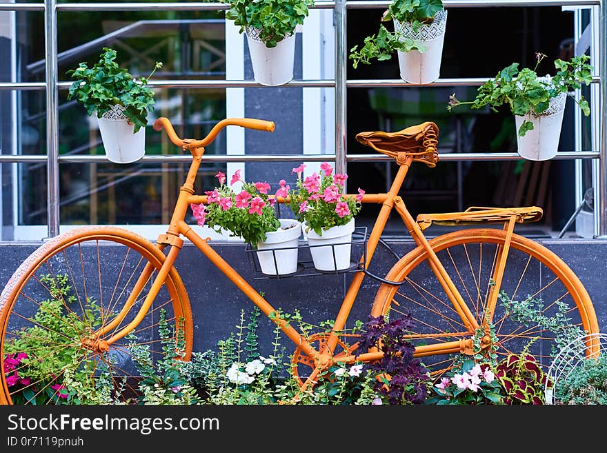 Old orange bicycle decorated with a flowers. Cafe decore in city