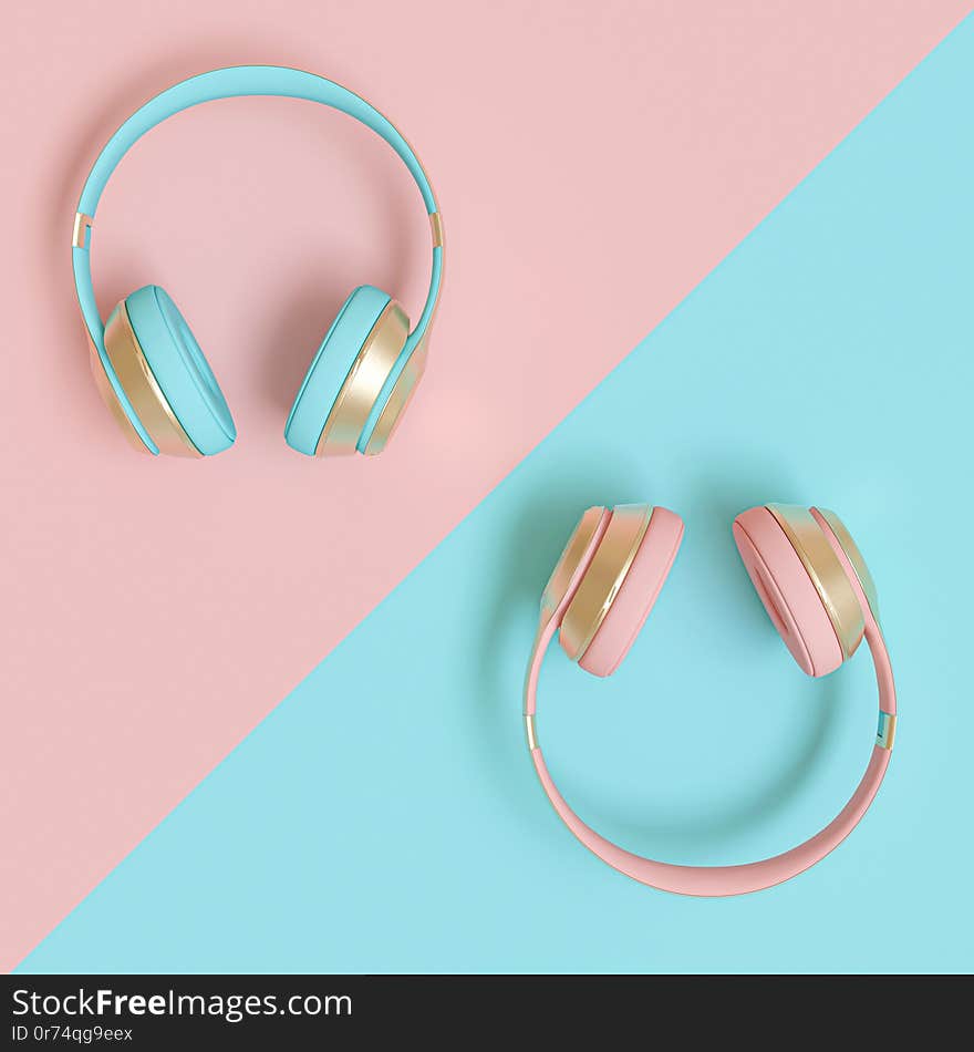 Modern audio headphones in gold, pink and blue on a flat lay bicolor background. 3d image render