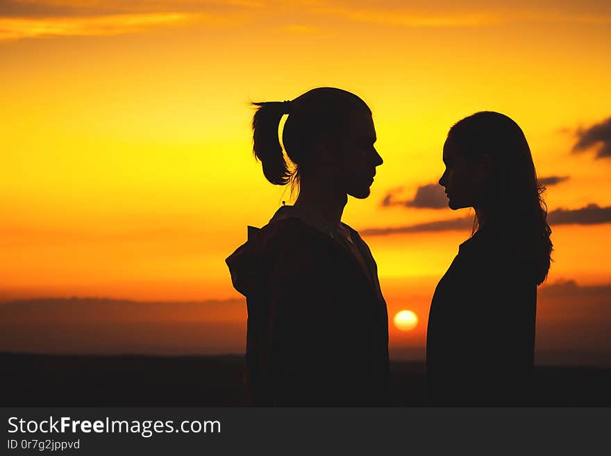 Waist silhouettes of a young millenial couple in love with a man and a girl look at each other. Two profile of a young couple at sunset.