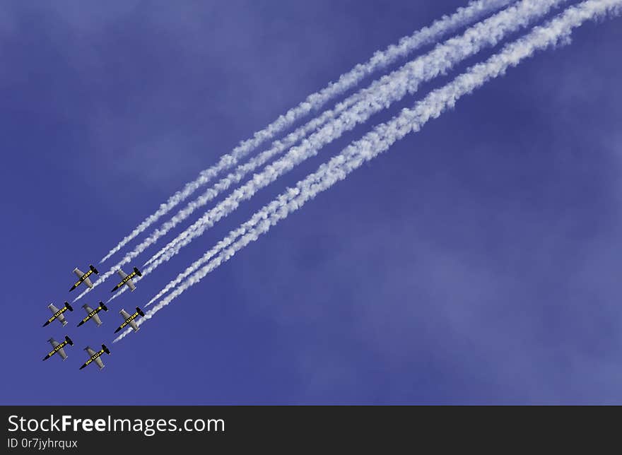 ABBOTSFORD, BC - AUGUST 7 2015 -  Breitling Jet Team flying in formation at airshow