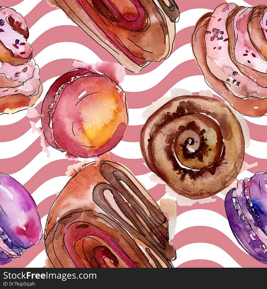 Tasty cake and desserts in a watercolor style. Hand drawning fashion aquarelle. Watercolour illustration set. Seamless background pattern. Fabric wallpaper print texture. Tasty cake and desserts in a watercolor style. Hand drawning fashion aquarelle. Watercolour illustration set. Seamless background pattern. Fabric wallpaper print texture.