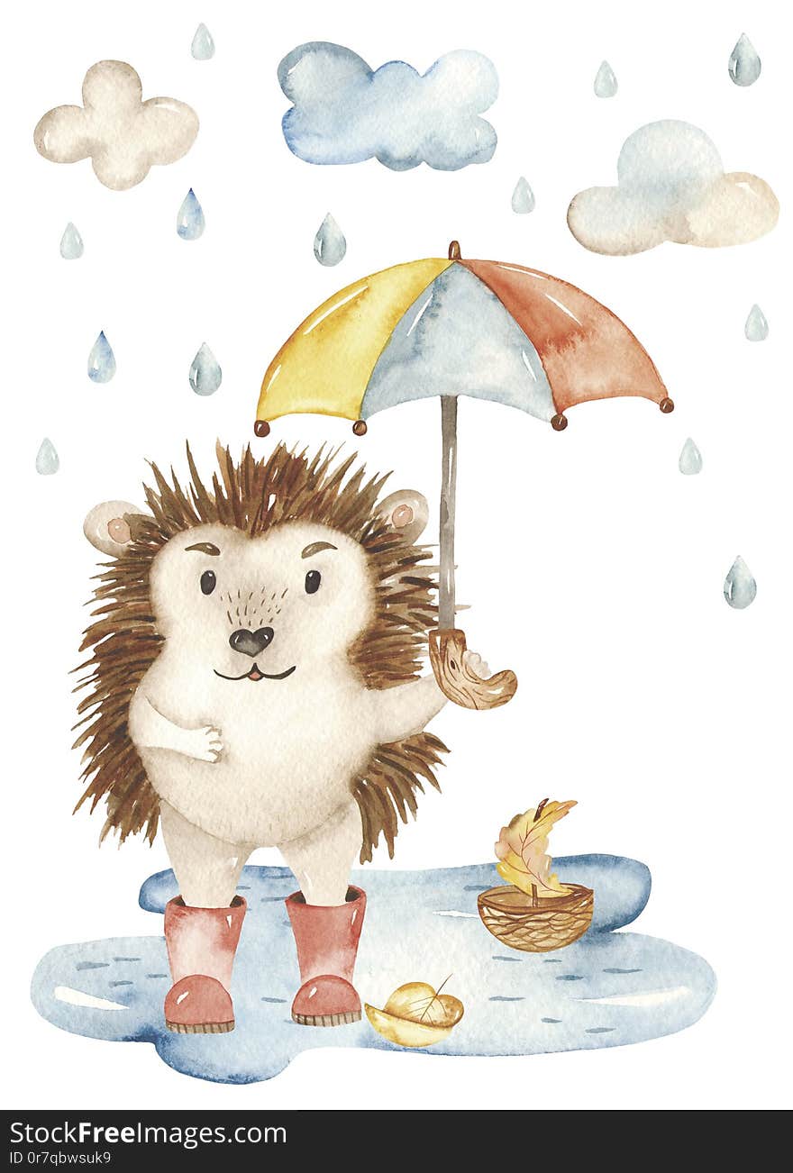 Card cute hedgehog and umbrella watercolor