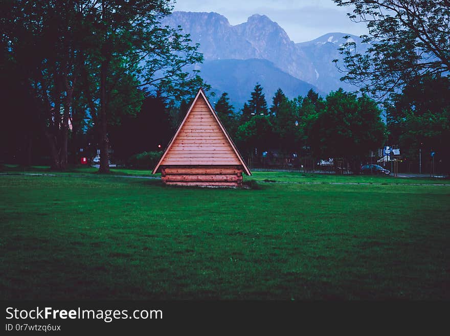 Wooden house standing on a lawn and mountains in the background