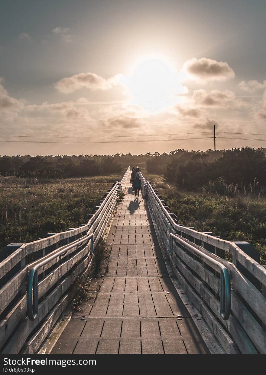 A beautiful vertical symmetric shot of a wooden bridge leading to the beach taken at golden hour