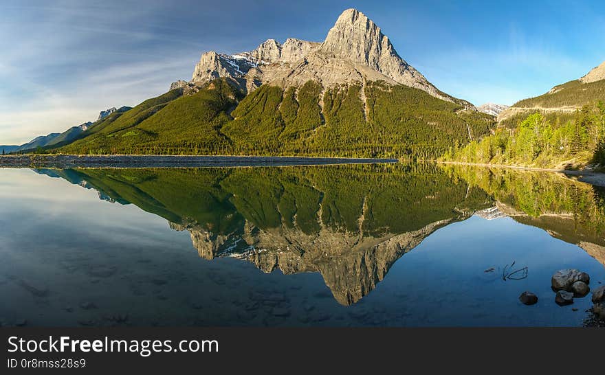 Panoramtic view of Mt. Lawrence Grassi mountain range near Canmore, Canada, nature of Kananaskis country in Canadian Rockies