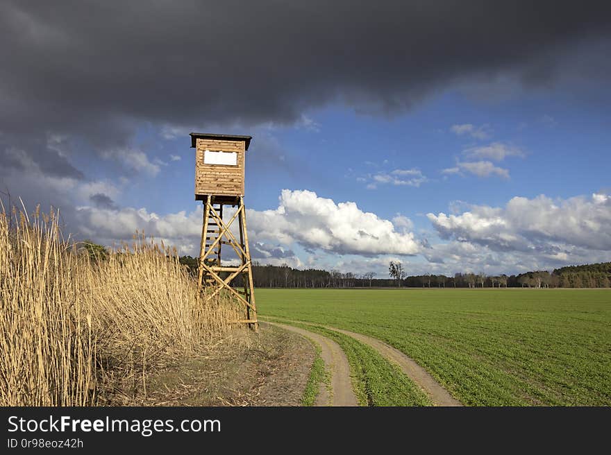 A high hide for hunters who can hunt wild boar and deer from up there. Seen at a wetland in Brandenburg, Germany