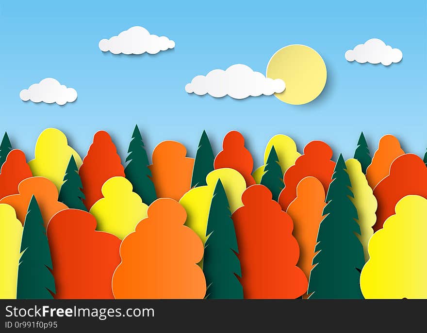 Autumn multi-colored trees on a sunny day. Sky, clouds, forest. Paper cut landscape. Layered design. Vector illustration