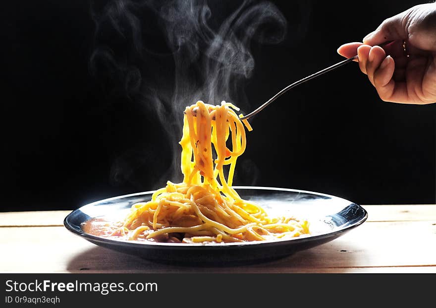 Hot Spaghetti Tomato Sauce - Homemade With Steam On Wooden Table And Dark Background. Hot Food Concept.