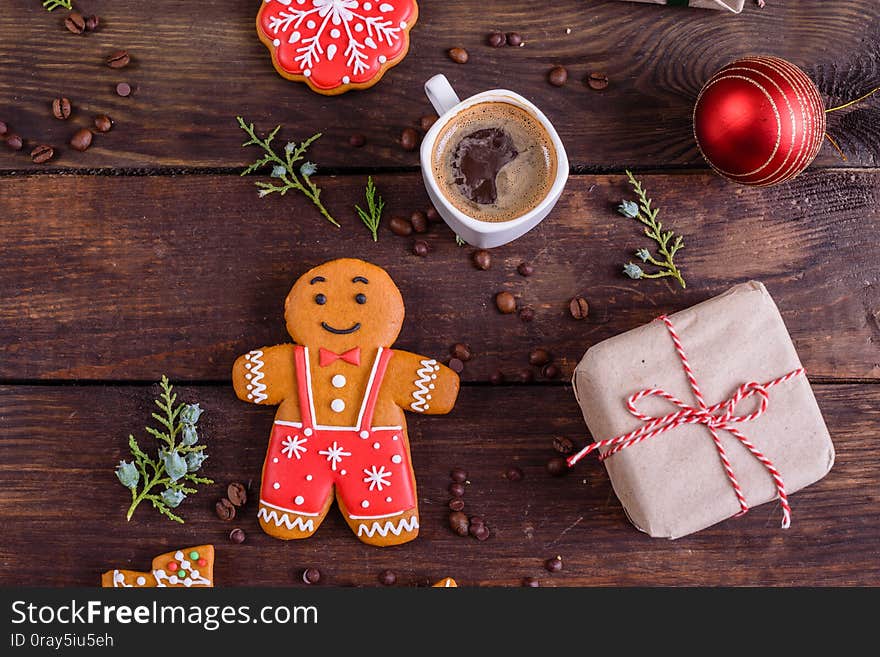 Christmas homemade gingerbread cookies on wooden table. It can be used as a background