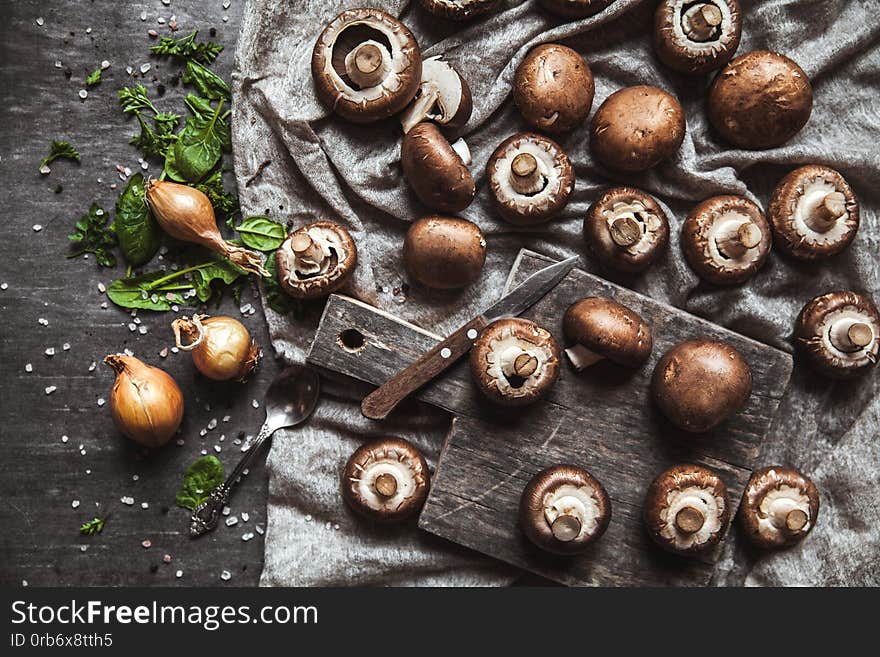 Royal Mushrooms On A Kitchen Towel. Cooking Of Dishes