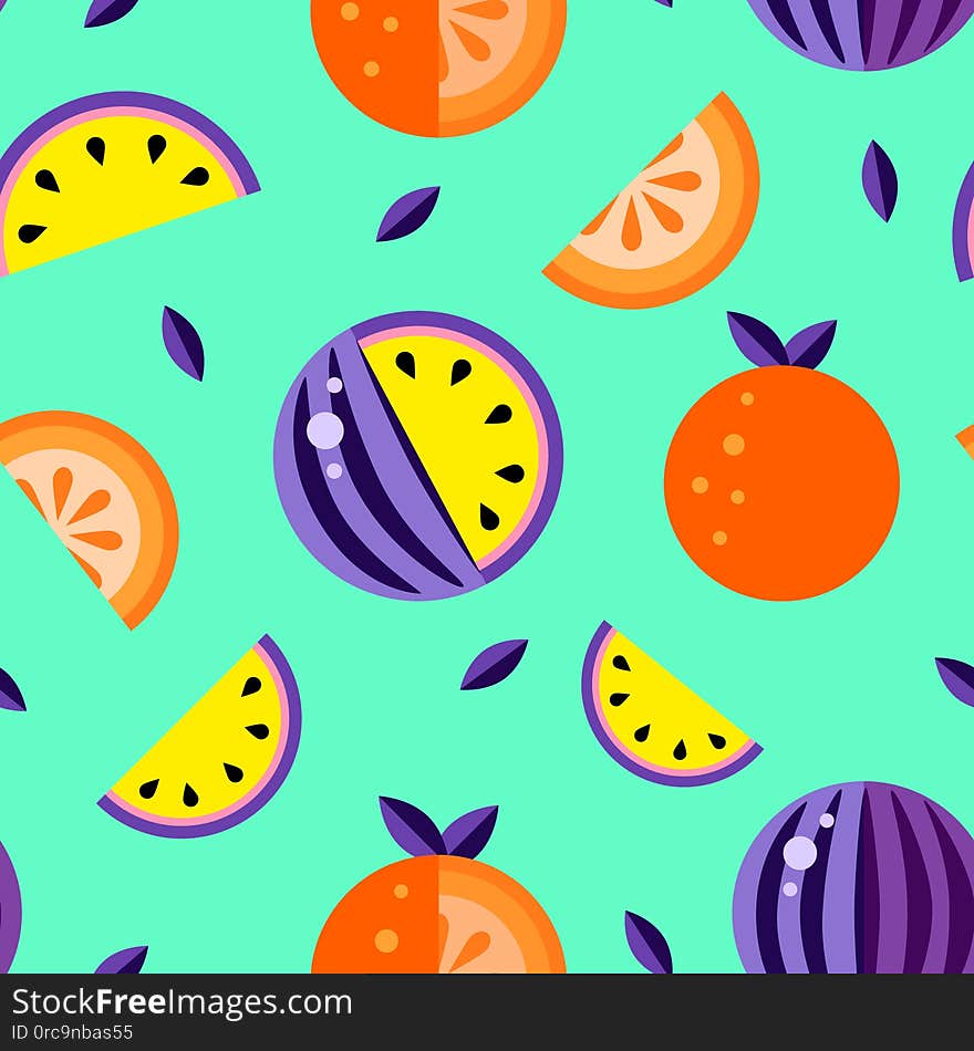 Watermelons Violet yellow Orange green background. Seamless pattern melon set wallpaper Vector. Good for t shirt print. Hand drawn graphic symbol backdrop. Decoration summer fruit texture illustration