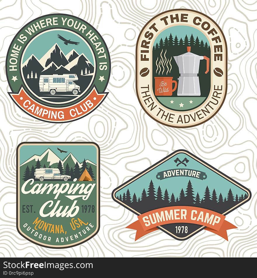 Set of Camping and caravanning club badges. Vector. Concept for logo, print, stamp, patch or tee. Vintage typography