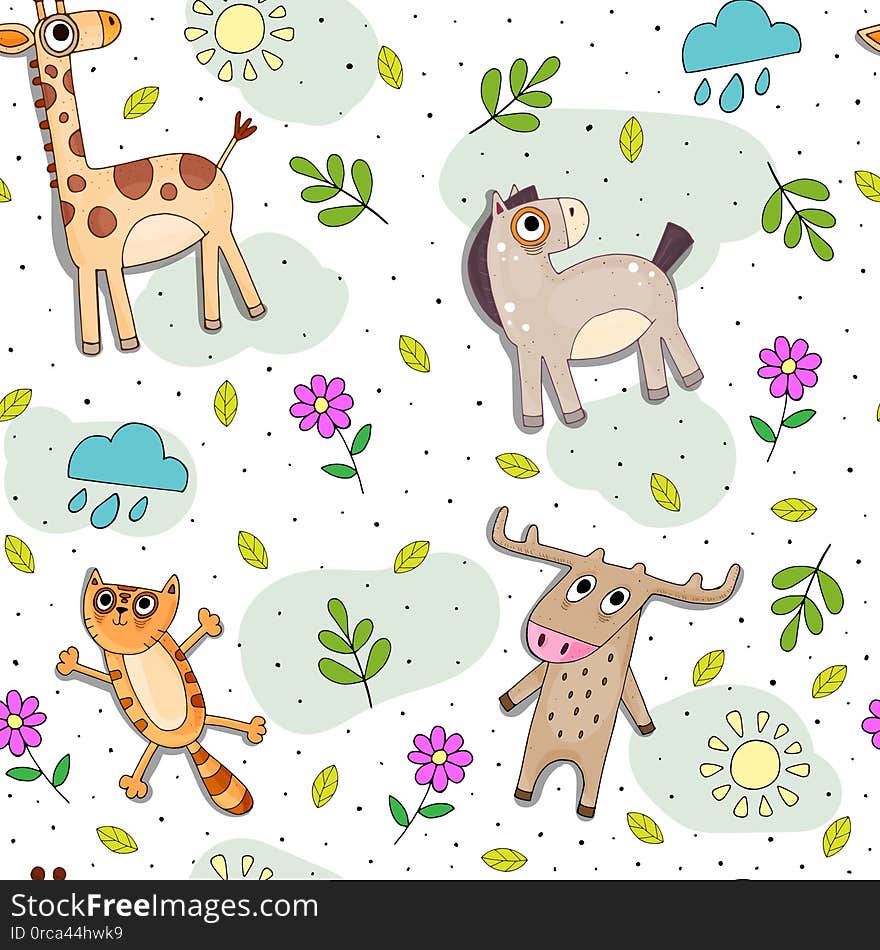 Childish cartoon vector seamless pattern with cute color animals and decorative elements. hand drawing