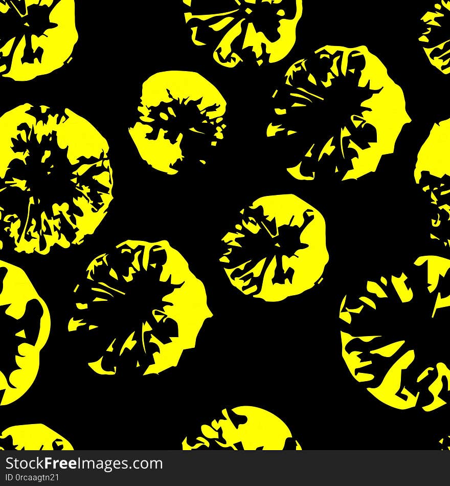 Seamless monochrome pattern. Abstract background. Lemon imprint. Decorative print of yellow lemons on a black background