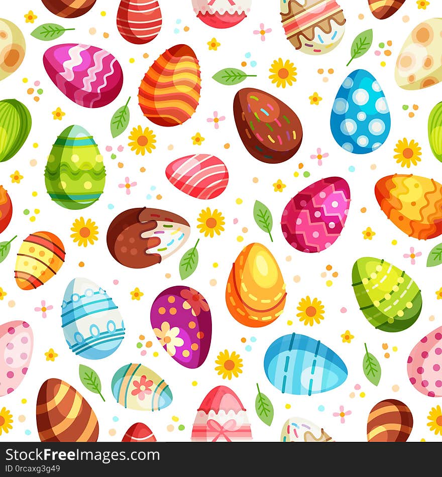 Easter eggs seamless pattern. Holiday vintage background with cartoon Easter symbol. Vector illustration. Different eggs in flat style