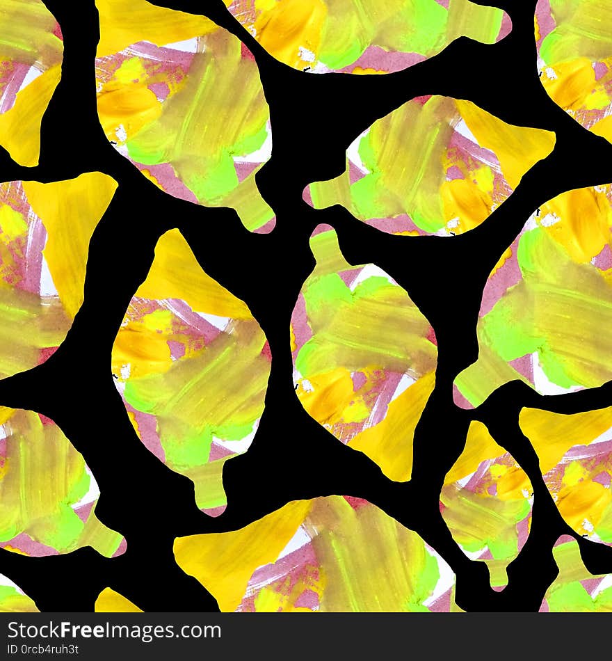 Seamless abstract pattern. Fruits are made in the technique of a collage of watercolor background. Drawn by hand. Decorative lemon on a black background, citrus, hand-drawn, summer, juicy, food, tasty, bright, healthy, raster, illustration, vegan, print, wrapping, fabric, exotic, trendy, graphic, juice, creative, colorful, backdrop, modern, organic, art, texture, fashion, natural, textile, nature, fresh, sweet, decoration, paper, wallpaper, design, botanical, tropical, lime, vitamin, plant, yellow