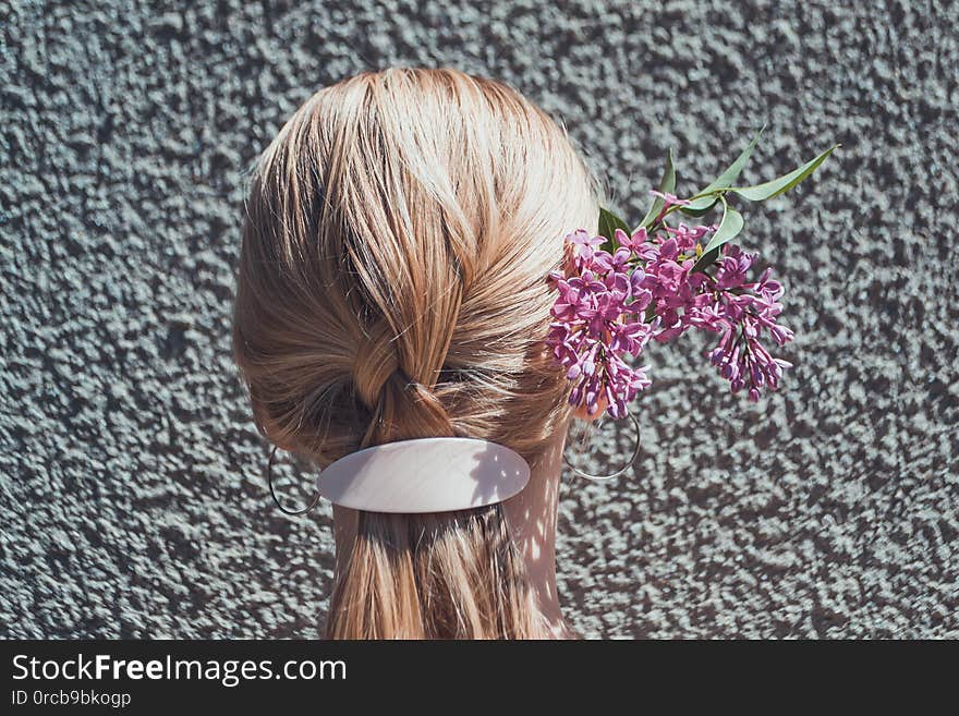 Lilac in the hair. On the texture background, woman, beautiful, spring, girl, beauty, flower, pink, portrait, wreath, flowers, young, model, summer, garden, female, white, face, purple, fashion, makeup, nature, outdoor, color, violet