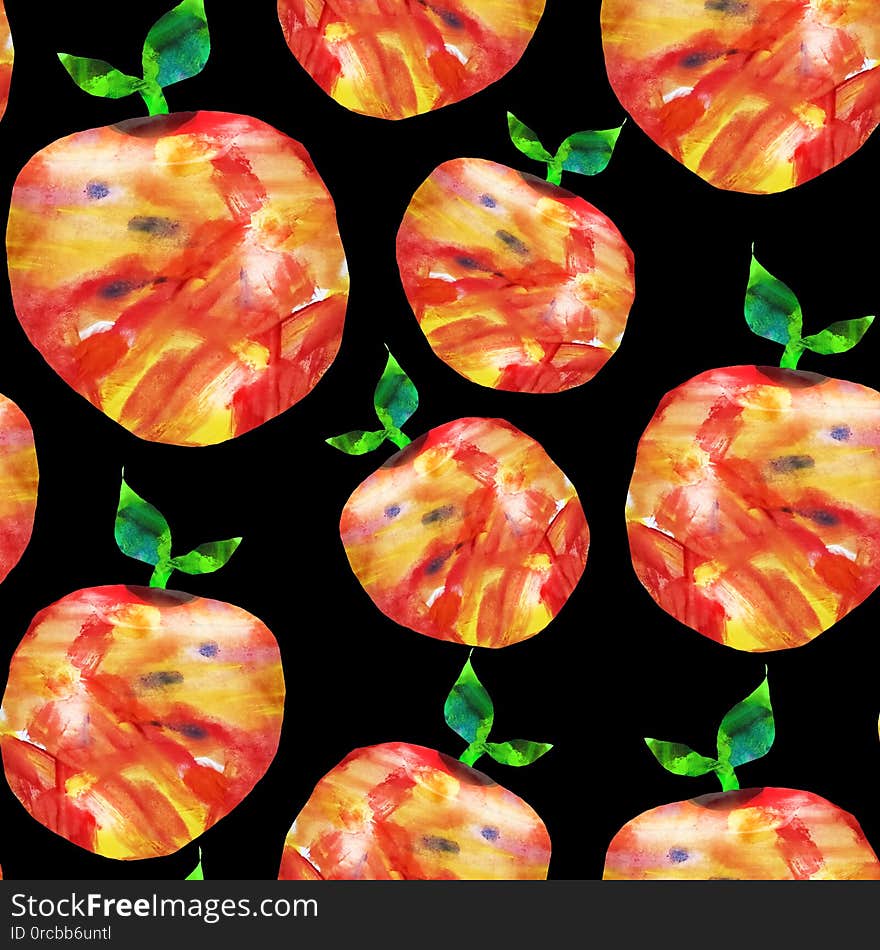 Seamless abstract pattern. Fruits are made in the technique of a collage of watercolor background. Drawn by hand. Decorative apple