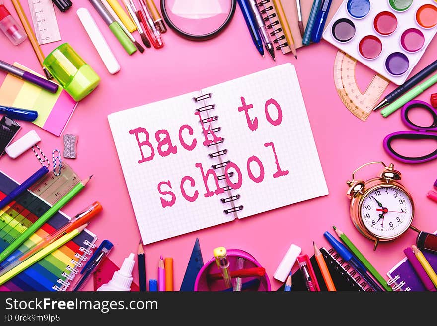 Back To School Background With Printed Text, Notebooks, Pens, Pencils, Other Stationery On Pink Modern Background, Education