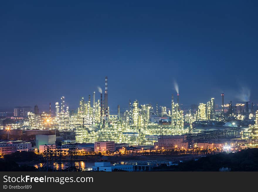 Night scene of petrochemical plant, industrial landscape