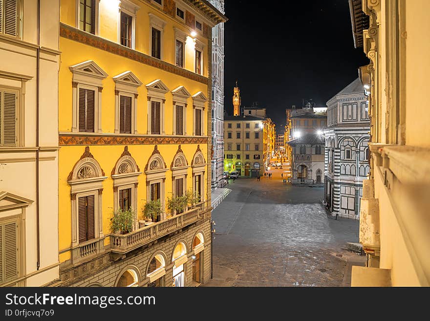 Florence city, Italy. Aerial cityscape view to Santa Maria del Fiore cathedral Basilica of Saint Mary of the Flower at night. Florence city, Italy. Aerial cityscape view to Santa Maria del Fiore cathedral Basilica of Saint Mary of the Flower at night