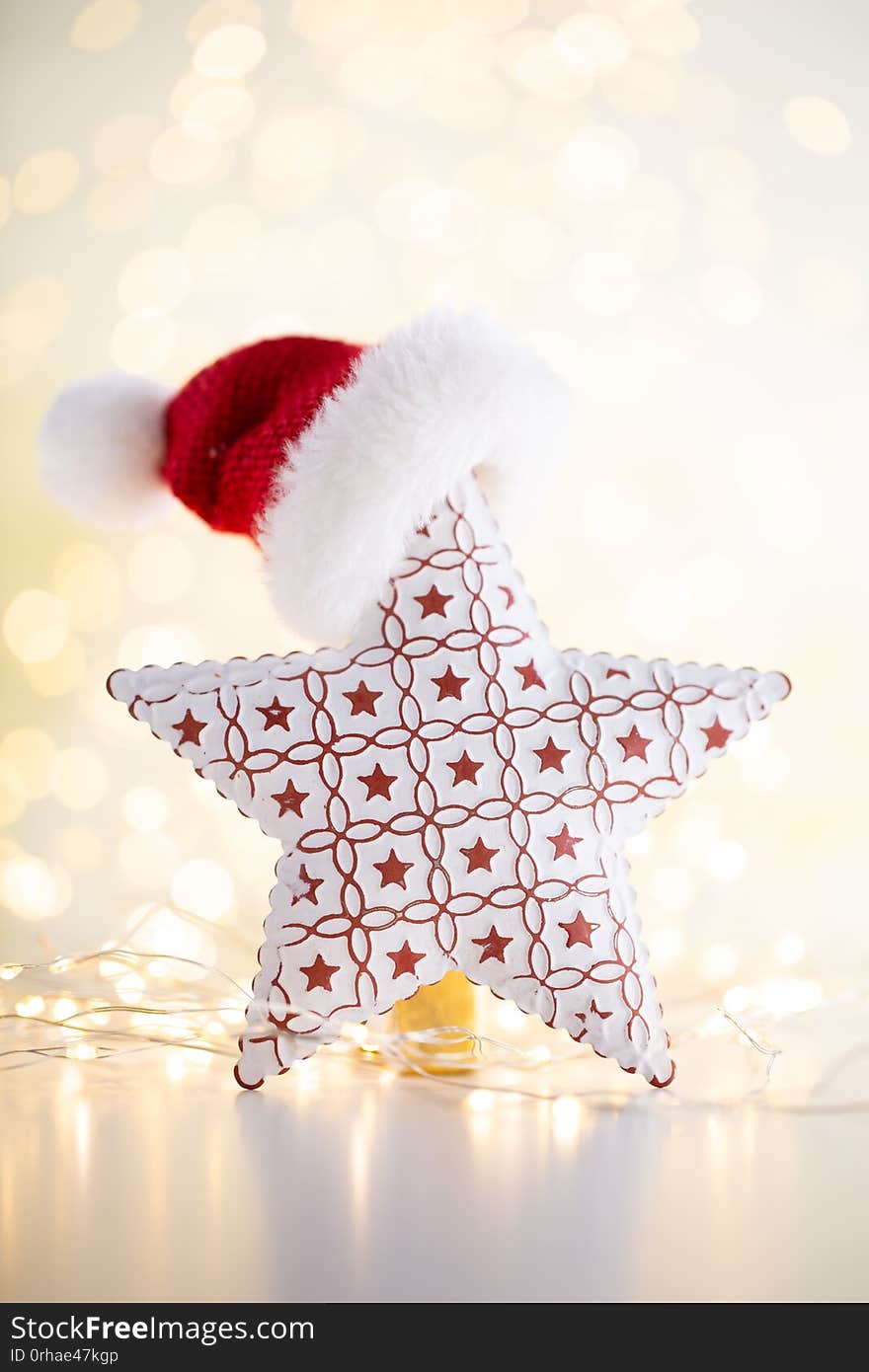 Christmas gold bokeh background with decorative star. Christmas gold stars. Christmas pattern. Background on the gray color. - Image. Christmas gold bokeh background with decorative star. Christmas gold stars. Christmas pattern. Background on the gray color. - Image