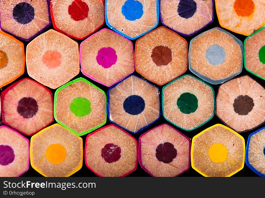 Wooden pencils in all colors seen from the base of the pencils. Colored pencils stacked in rows on top of each other. Colors. Back to school, education. Wooden pencils in all colors seen from the base of the pencils. Colored pencils stacked in rows on top of each other. Colors. Back to school, education