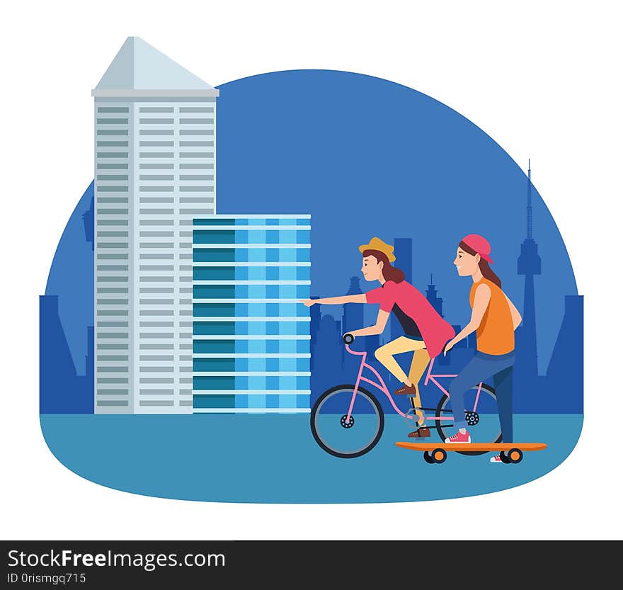 Friends riding in bicycle and pulling skateboard cartoon in the city, urban scenery ,vector illustration graphic design. Friends riding in bicycle and pulling skateboard cartoon in the city, urban scenery ,vector illustration graphic design.