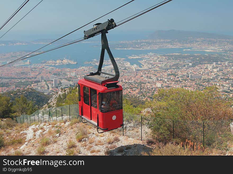 Cableway over seaside city. Toulon, France; 2019-07-01