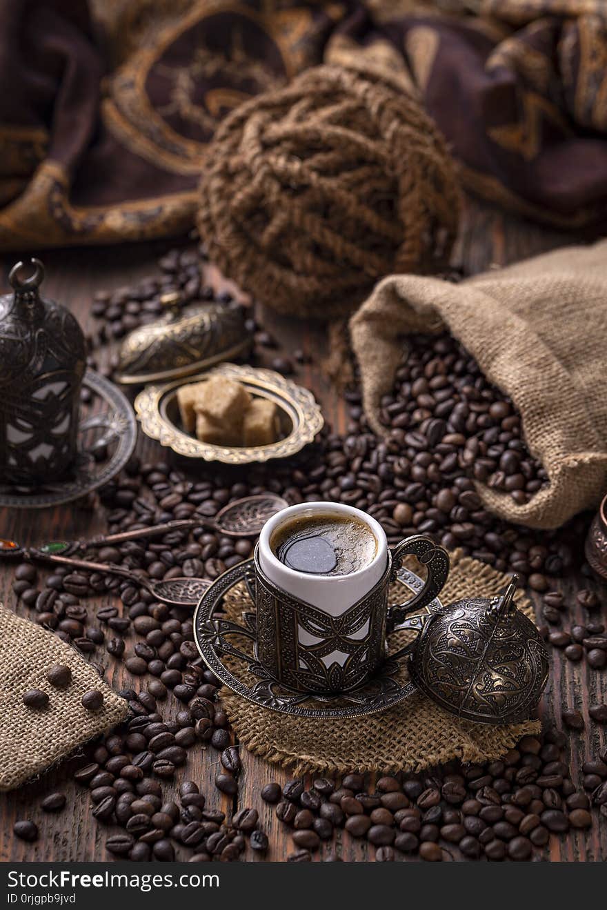 Turkish coffee in a beautiful traditional dishes