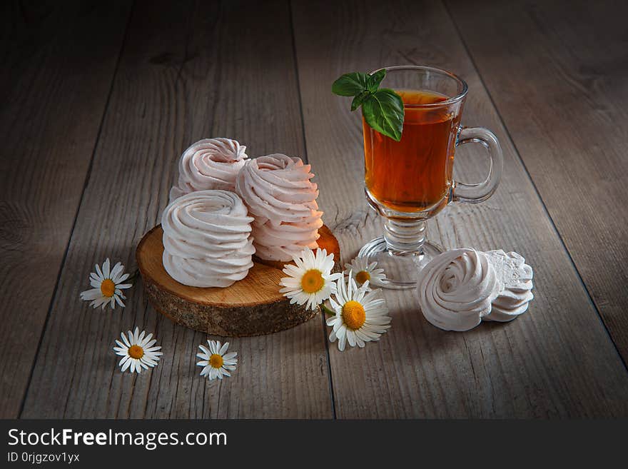 Handmade White Marshmallows And A Cup Of Tea