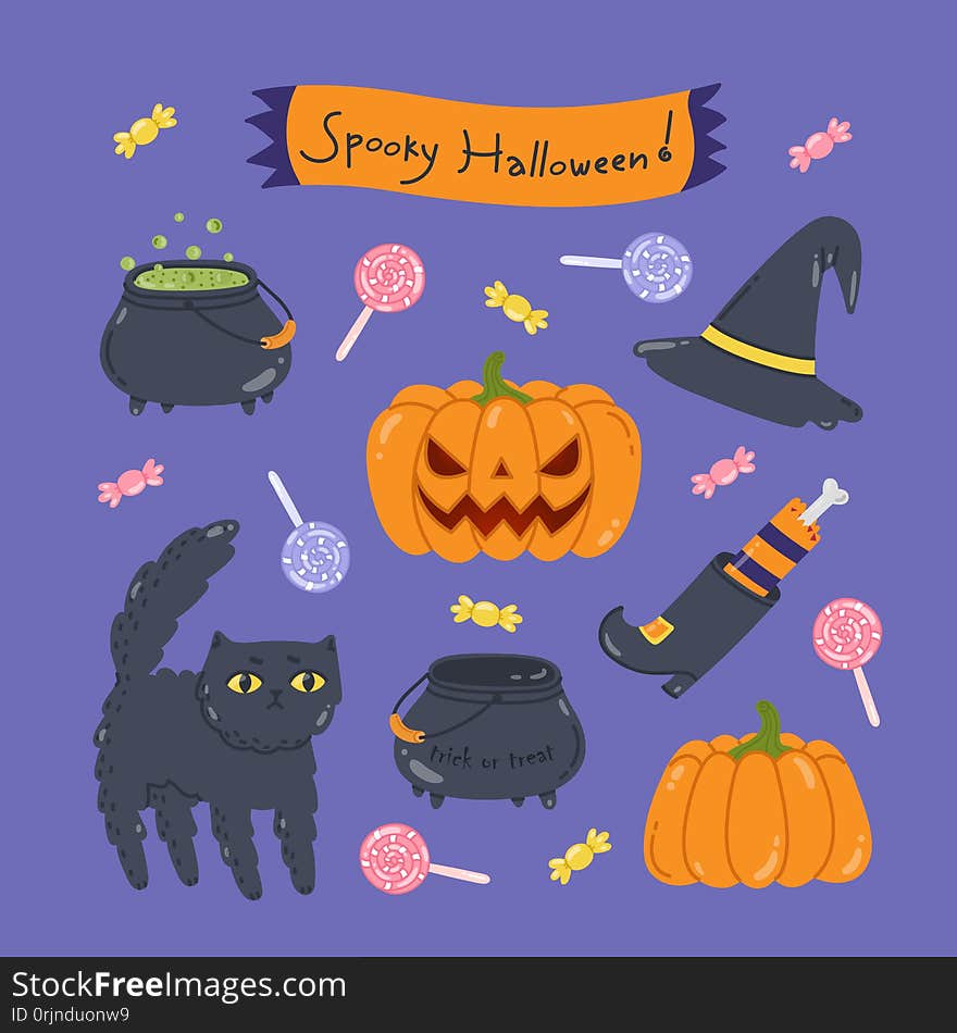 Cute Halloween set with holiday attributes