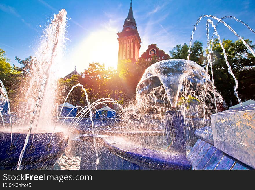 Subotica city hall and fountain square sunset view, Vojvodina region of Serbia