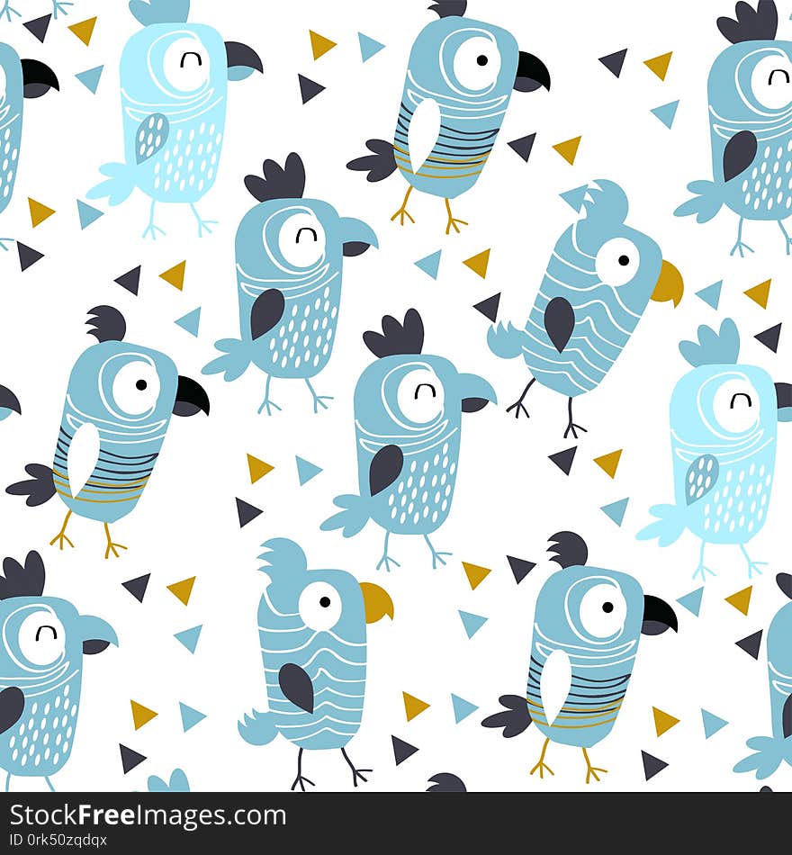 Pattern with cheerful  parrots on white background.