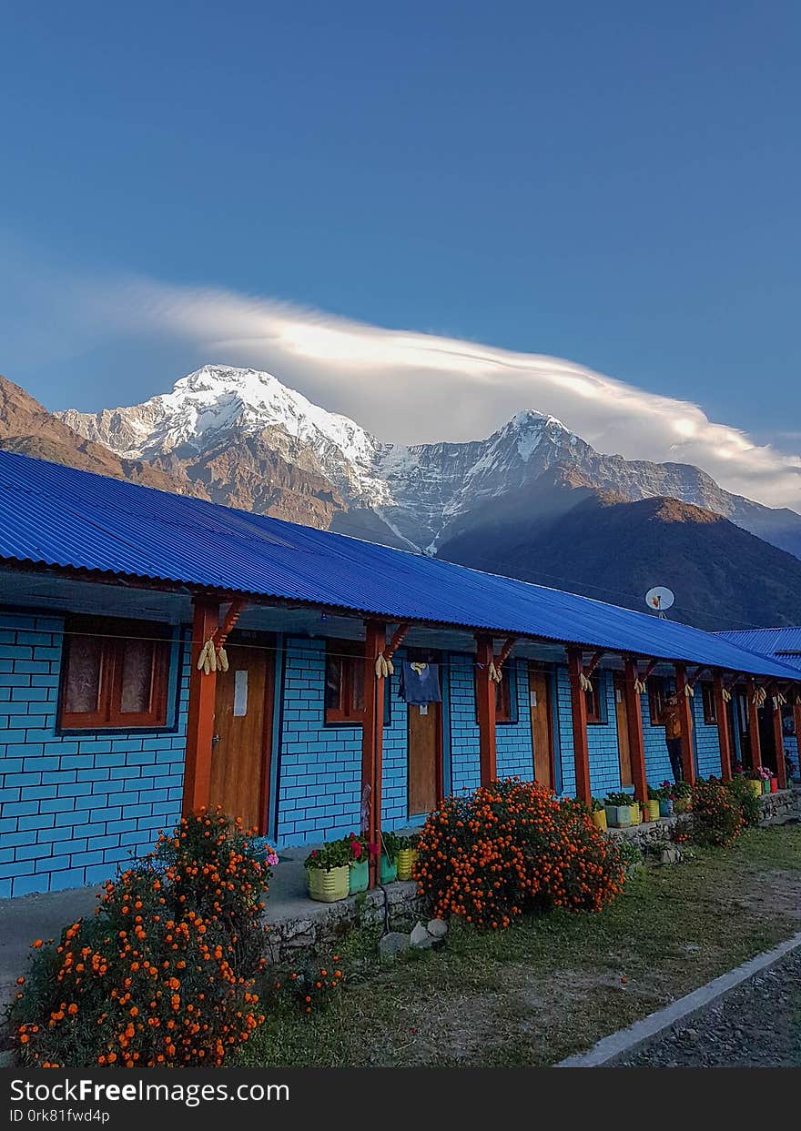 Annapurna Base Camp hiking trek, Himalayas, Nepal. November, 2018. A beautiful guest house in Chomrong with South Annapurna on the