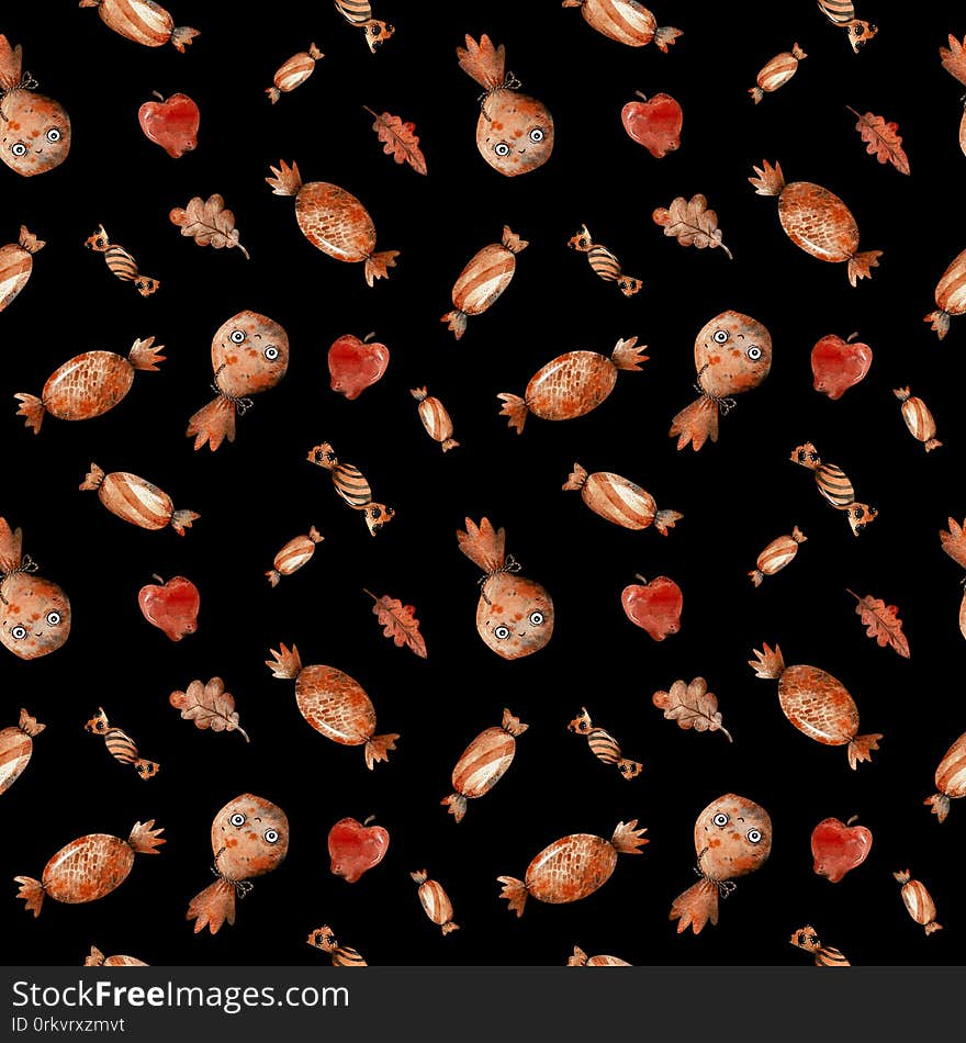 Watercolor seamless pattern with orange Halloween candies and red apples on a black background. Cartoon style.