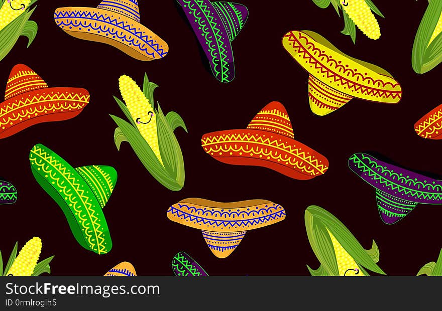 Pattern in mexican style. Pattern seamless pattern with sombrero and corn. Can be used as a background, wrapping paper, covers, fabrics, etc.