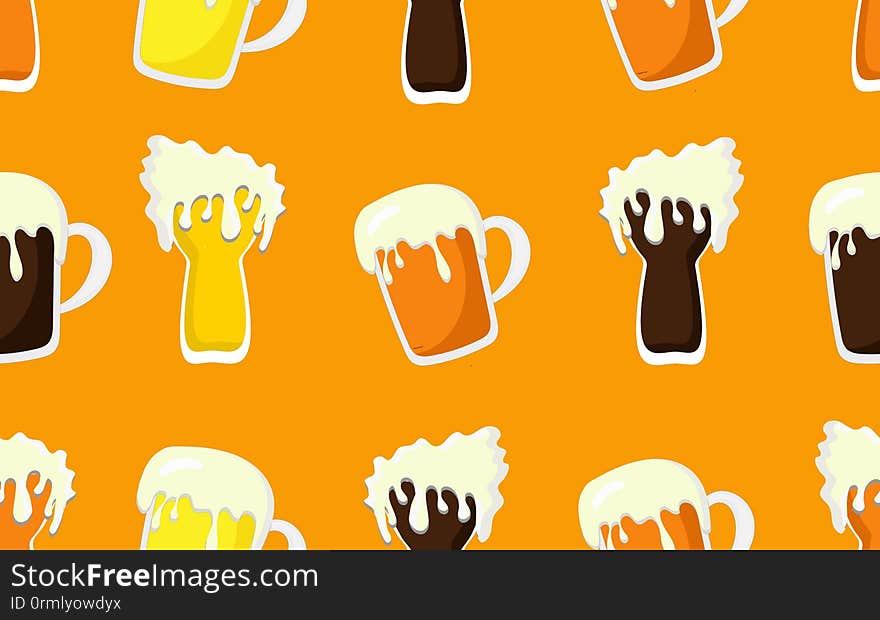 Seamless beer pattern. Oktoberfest background. Saint Patrick design.Banner advertisement for a German beer festival. Mugs of beer on a light background